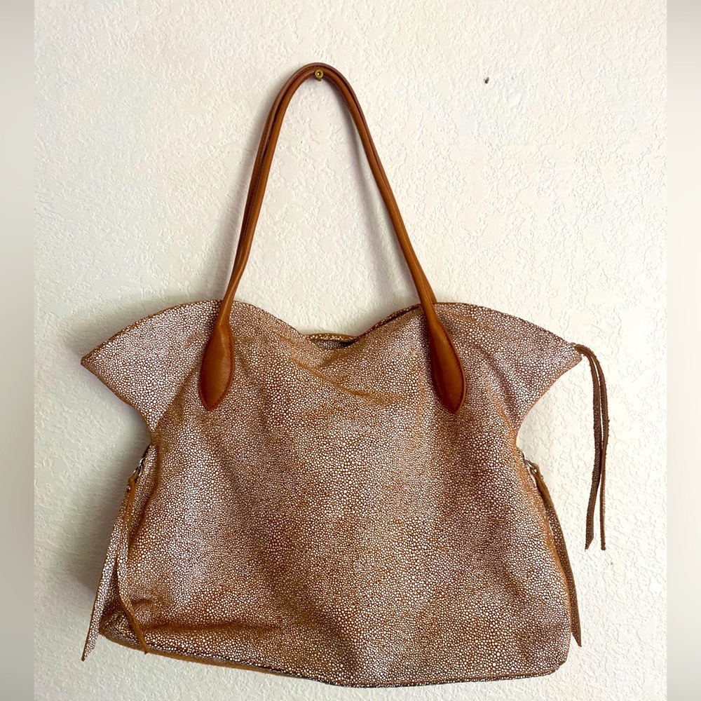 Sorial Brown White Leather Pebbled Print Shoulder Bag Purse Tote SOFT! 16x11x4.5